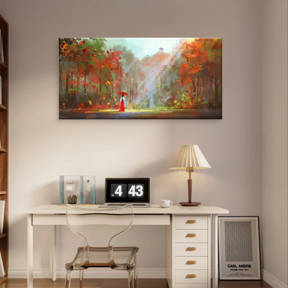 Autumn Forest Red Umbrella Scenic Wall Art Canvas Office Home Framed 120x60cm