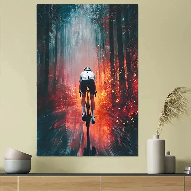 Cyclist Racing Through Flames Abstract Sports Art Poster 40x60cm Metal Print Ready to Hang