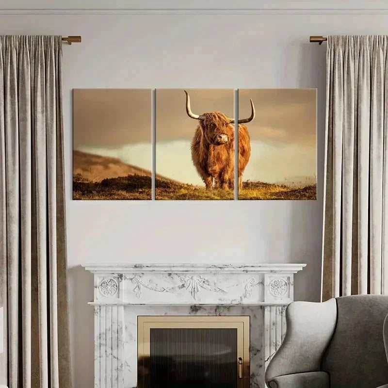 3pcs Plateau Highland Cattle Modern Wall Art Set Canvas Framed 40x60cm - High Quality Print 100% Australian Made Wall Canvas Ready to Hang