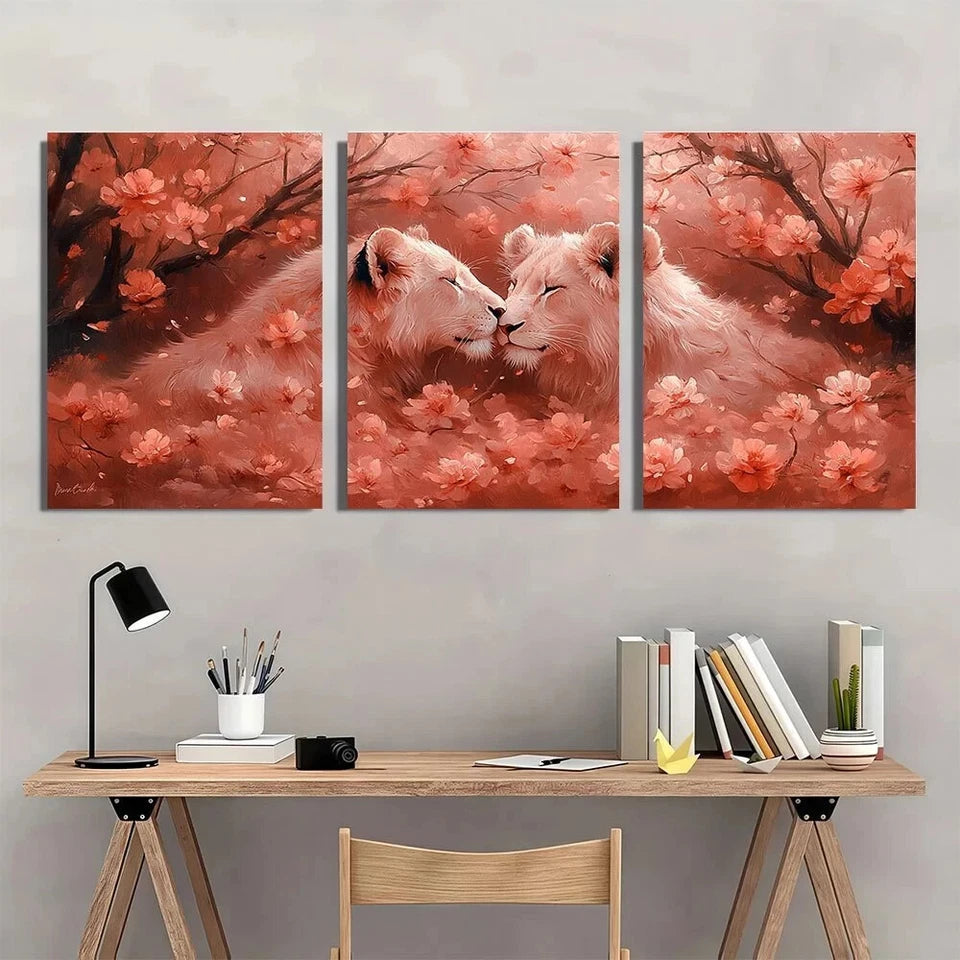 3pcs Wildlife Animal Red Themed Lions Metal Print Ready to Hang Art