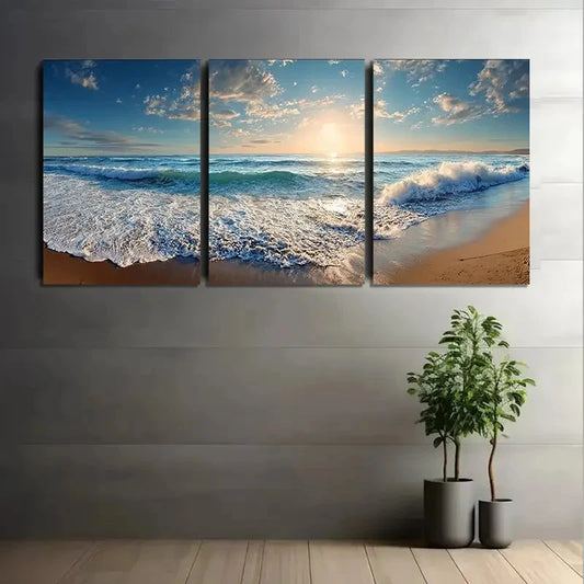 3pcs Serene Beach Scene With Waves  Wall Art Set Canvas Framed 60x90cm - High Quality Print 100% Australian Made Wall Canvas Ready to Hang