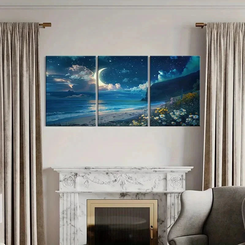 3pcs Fantasy Landscape Seaside Moon Flowers Metal Print Ready to Hang Art