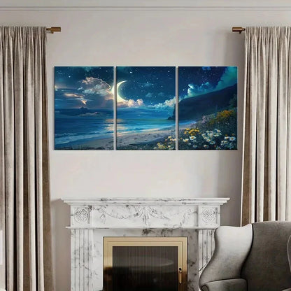 3pcs Fantasy Landscape Seaside Moon Flowers Metal Print Ready to Hang Art
