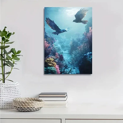 Dreamlike Hawk Chase Scene In Coral Reef Painting 40x60cm Metal Print Ready to Hang