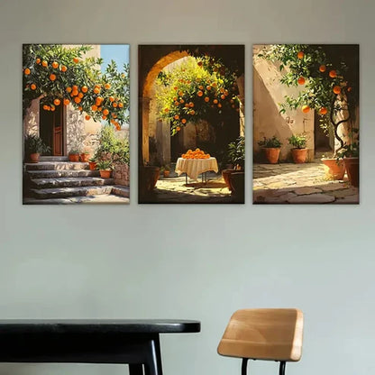 3pcs Orange Tree in a Courtyard Wall Art Set Canvas Unframed - High Quality Print 100% Australian Made Wall Canvas