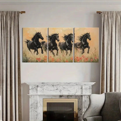 3pcs Black Horses Running Floral Field Abstract Metal Print Ready to Hang Art