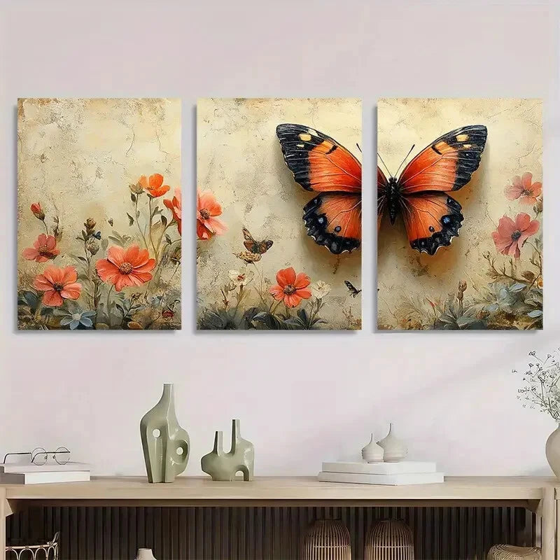 3pcs Vibrant Butterfly & Floral Metal Print Ready to Hang Art