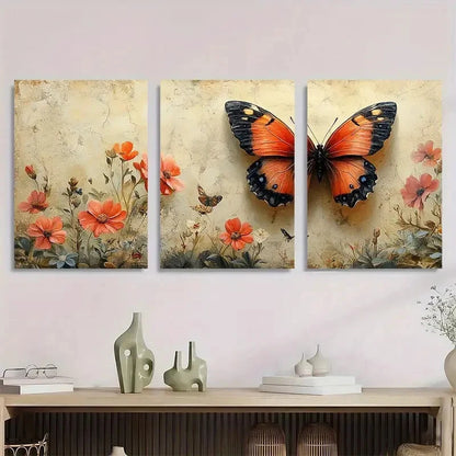 3pcs Vibrant Butterfly & Floral Metal Print Ready to Hang Art