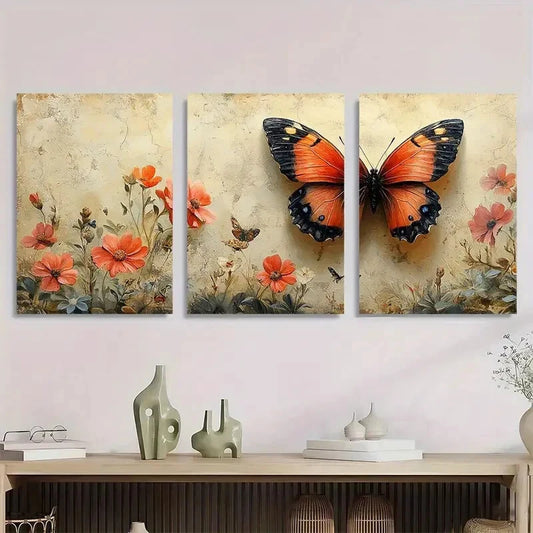 3pcs Vibrant Butterfly & Floral Metal Print Ready to Hang Art