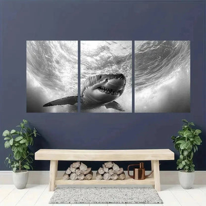 3pcs Black And White Shark Underwater Scene Wall Art Set Canvas Framed 40x60cm - High Quality Print 100% Australian Made Wall Canvas Ready to Hang
