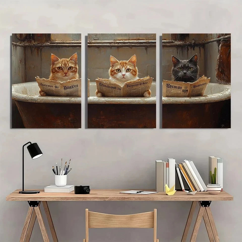 3pcs Animals Cats Reading Newspapers Metal Print Ready to Hang Art