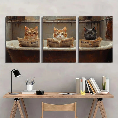 3pcs Animals Cats Reading Newspapers Metal Print Ready to Hang Art