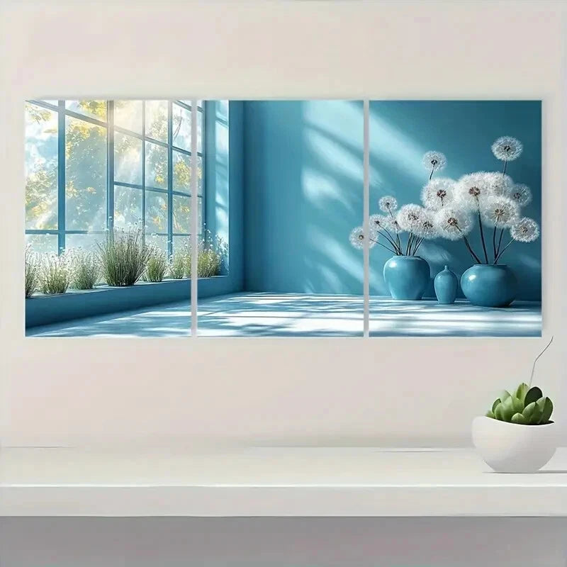 3pcs Painting Window and Dandelion Metal Print Ready to Hang Art