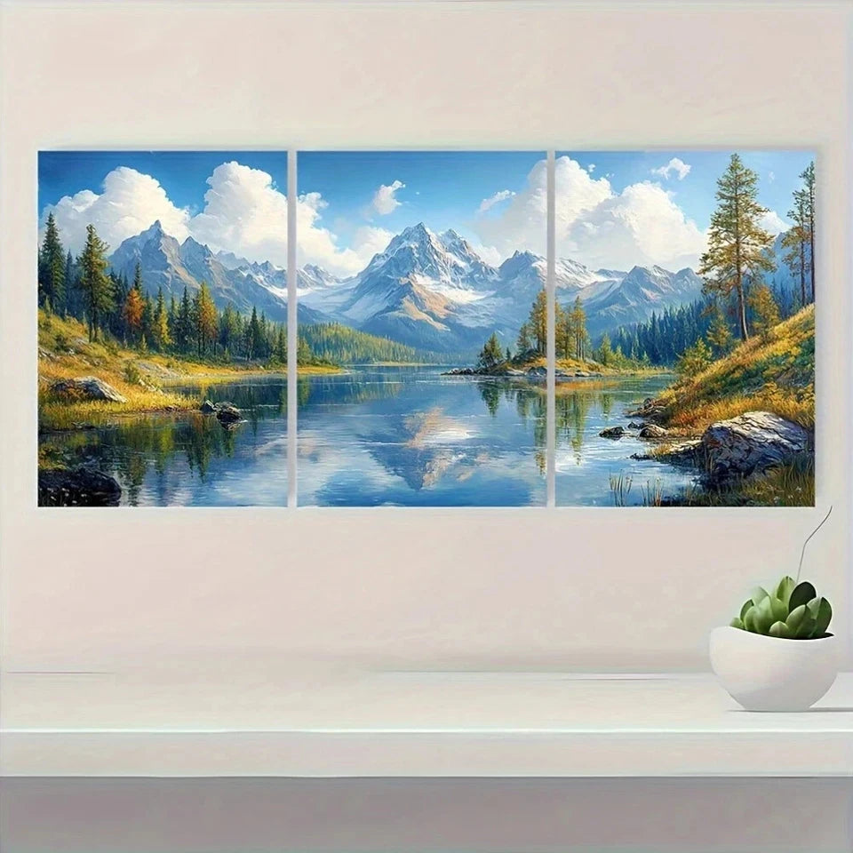 3pcs Snow Capped Peaks Reflective Waters & Lush Metal Print Ready to Hang Art