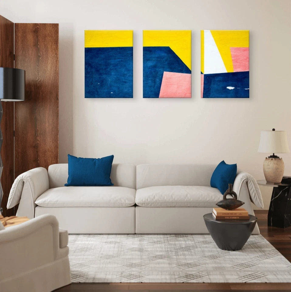 3pcs Blue, Yellow, and Pink Geometric Abstract Wall Art Set Canvas Framed 40x60cm - High Quality Print 100% Australian Made Wall Canvas Ready to Hang