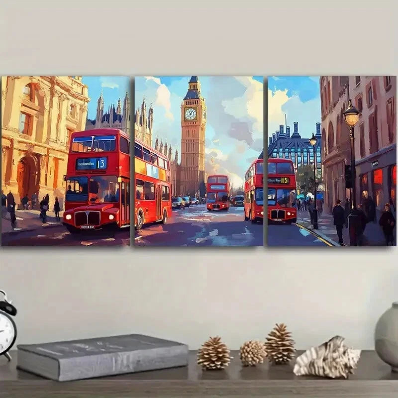 3pcs Red Double-Decker Bus Cityscape Perfect Wall Art Set Canvas Framed 40x60cm - High Quality Print 100% Australian Made Wall Canvas Ready to Hang