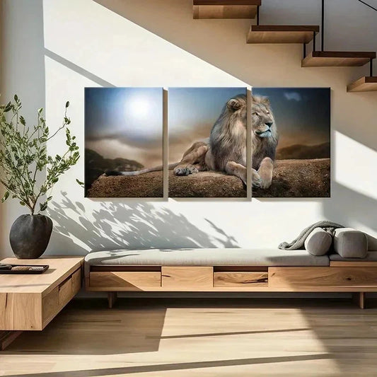 3pcs Animal Art Lion on the Ground Vintage Wall Art Set Canvas Framed 40x60cm - High Quality Print 100% Australian Made Wall Canvas Ready to Hang