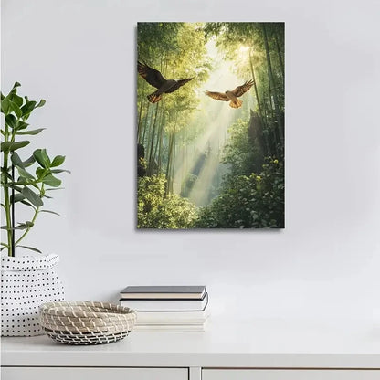 Hawk Scene In Bamboo Grove Sunbeams Shining Painting 40x60cm Metal Print Ready to Hang