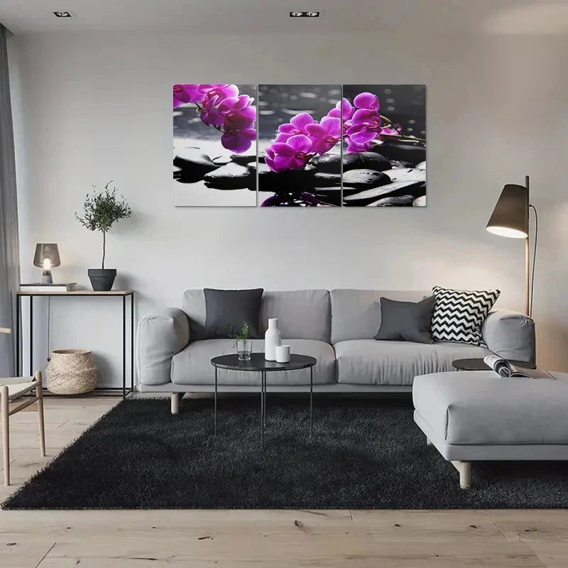 3pcs Purple Orchids on Black Rock Metal Print Ready to Hang Art