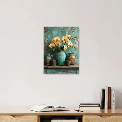 Beautiful Yellow Orchids In An Emerald Vase Painting 40x60cm Metal Print Ready to Hang