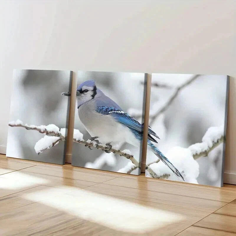 3pcs Blue Bird On A Branch Snowy Scene Wall Art Set Canvas Framed 40x60cm - High Quality Print 100% Australian Made Wall Canvas Ready to Hang