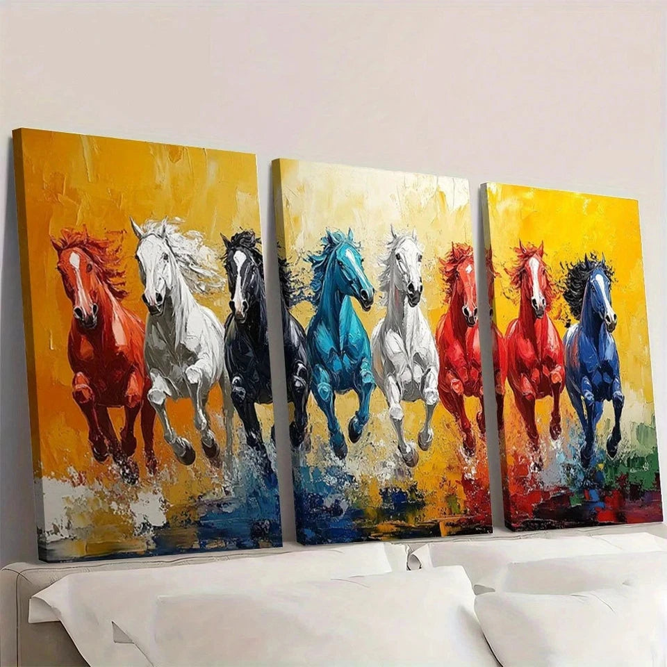 3pcs Eight Running Horses Painting Wall Art Set Canvas Framed 60x90cm - High Quality Print 100% Australian Made Wall Canvas Ready to Hang