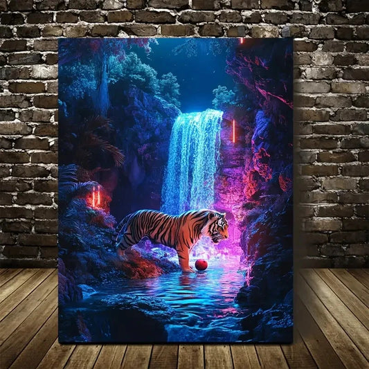 Dreamlike Tiger Scene with Neon Glow Painting 40x60cm Metal Print Ready to Hang