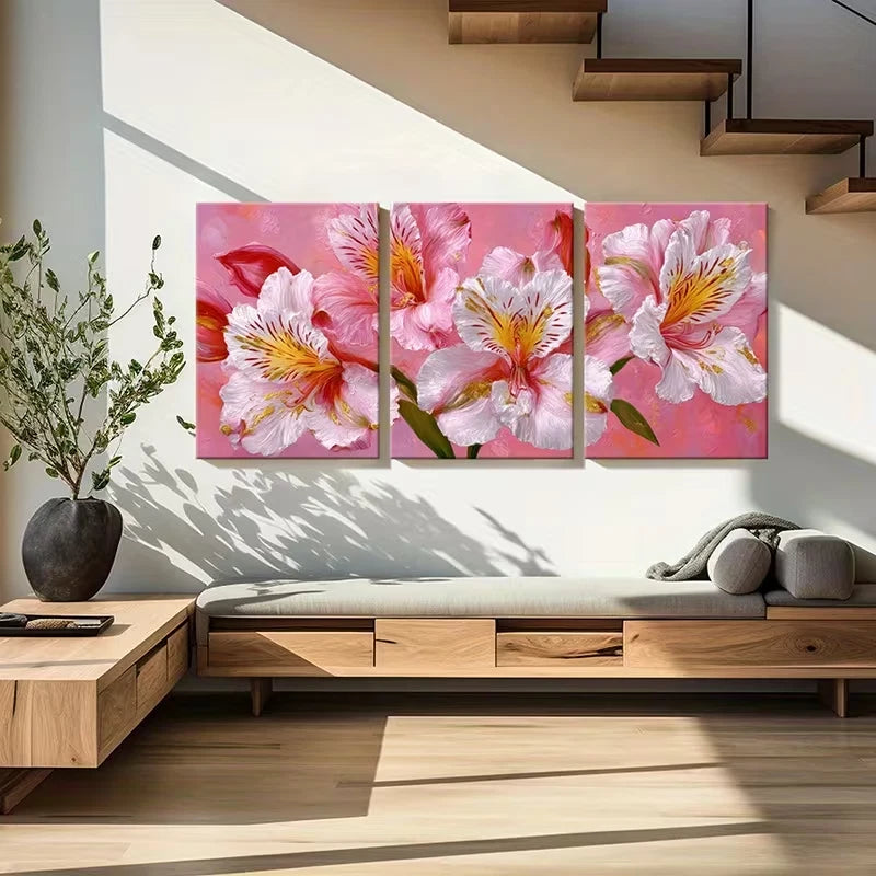 3pcs Lily of the Incas Pink White Flower Wall Art Set Canvas Framed 60x90cm - High Quality Print 100% Australian Made Wall Canvas Ready to Hang