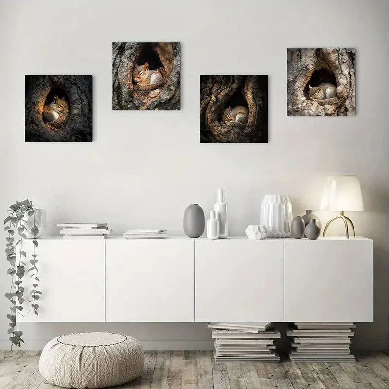4pcs Vintage Squirrel in Tree Hole Wall Art Canvas Framed