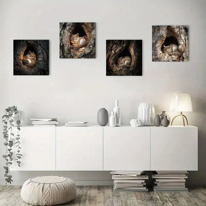 4pcs Vintage Squirrel in Tree Hole Wall Art Canvas Framed