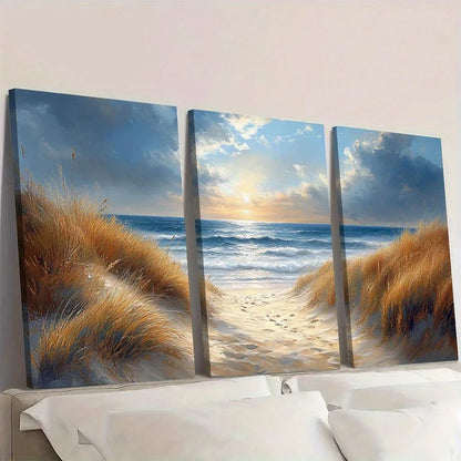Three-panel canvas print of a beach scene with sunset and grasses.
