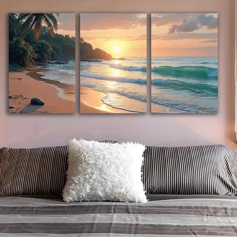 3pcs Tropical Sunset Palm Trees Wall Art Set Canvas Framed 40x60cm - High Quality Print 100% Australian Made Wall Canvas Ready to Hang