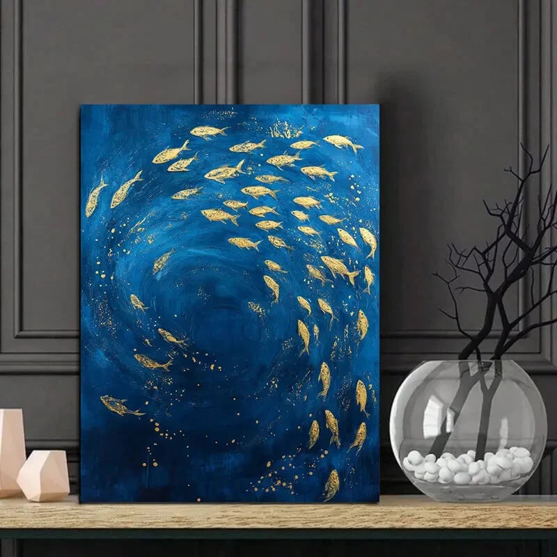 Blue and Golden Underwater Fish Painting  40x60cm Metal Print Ready to Hang