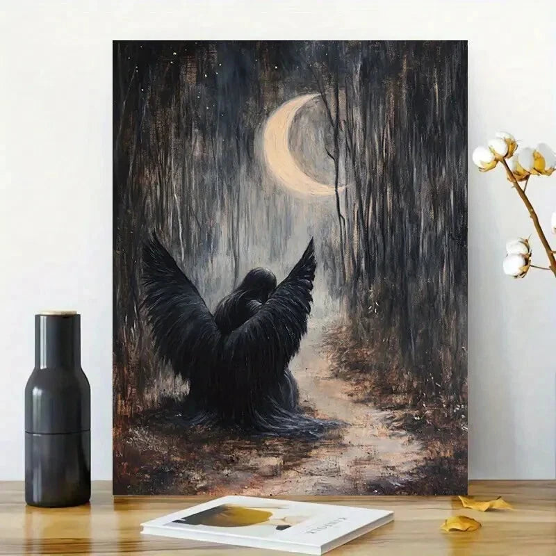 Angel With Black Wings In the Woods Under Crescent 40x60cm Metal Print Ready to Hang