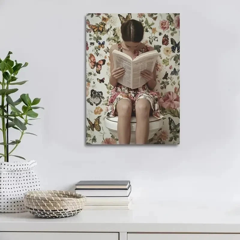 Contemporary Butterfly & Floral Reading Newspaper 40x60cm Metal Print Ready to Hang