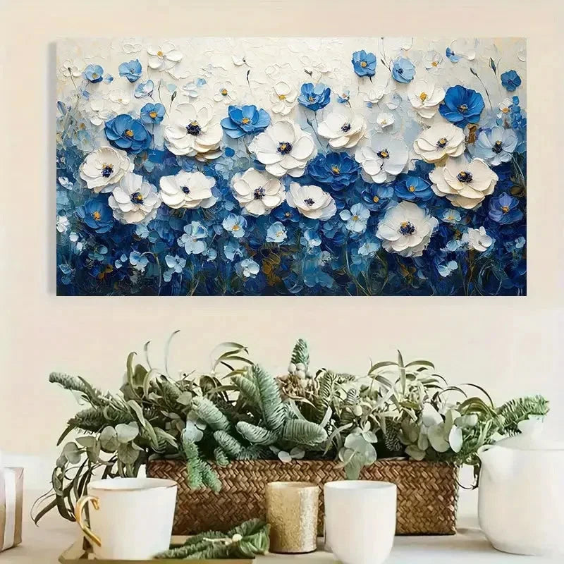 White & Blue Abstract Floral Wall Art Canvas Office Home Room Framed 120x60cm