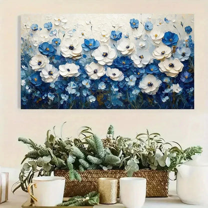 White & Blue Abstract Floral Wall Art Canvas Office Home Room Framed 120x60cm