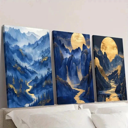 3pcs Gilded Mountains Bright Moon and Rivers Wall Art Set Canvas Framed 50x70cm - High Quality Print 100% Australian Made Wall Canvas Ready to Hang