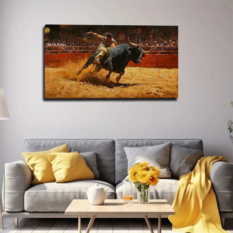 Vibrant Spanish Matador Scene Wall Art Canvas Office Home Room Framed 120x60cm