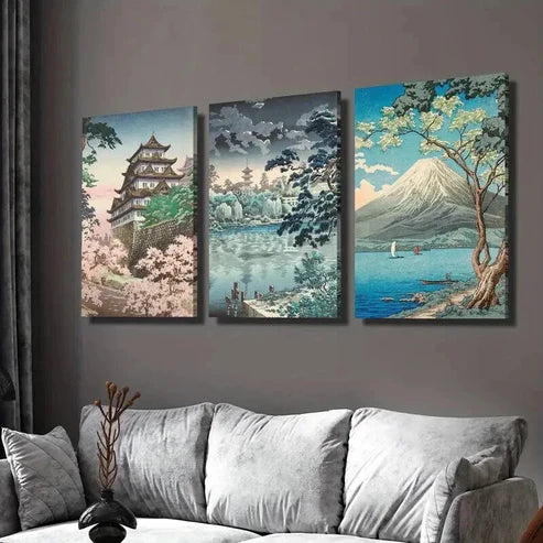 3pcs Japanese Retro Landscapes Decoration Wall Art Set Canvas Unframed - High Quality Print 100% Australian Made Wall Canvas