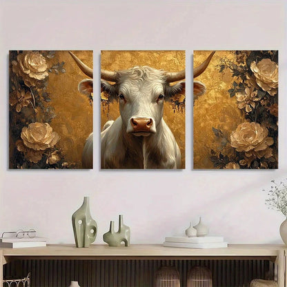 3pcs Vintage Style Cow Golden Metal Print Ready to Hang Art