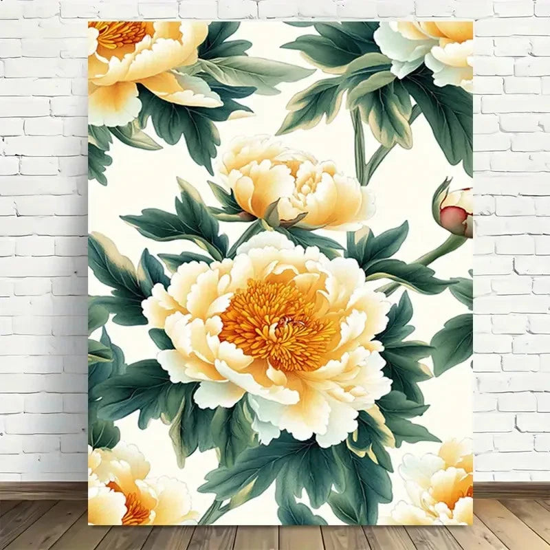 Beautiful Golden Peony Floral Painting 40x60cm Metal Print Ready to Hang