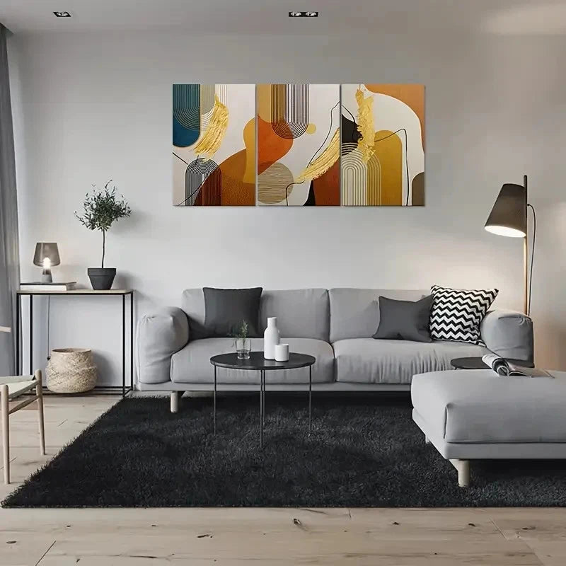 3pcs Geometric Black Lines Orange Metal Print Ready to Hang Art