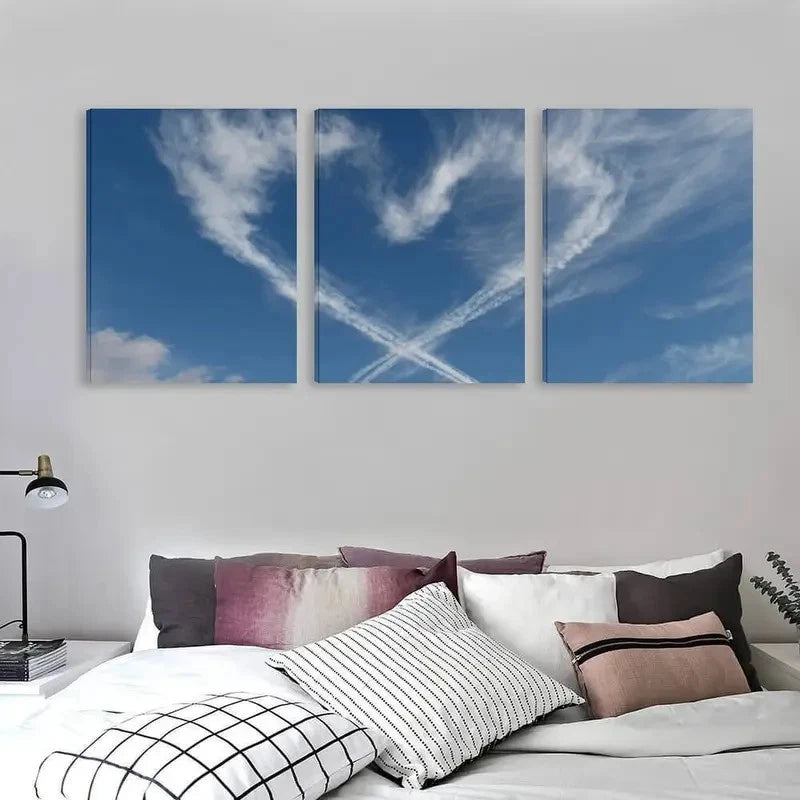 3pcs Heart Shaped Cloud in Sky Decor   Wall Art Set Canvas Framed 60x90cm - High Quality Print 100% Australian Made Wall Canvas Ready to Hang