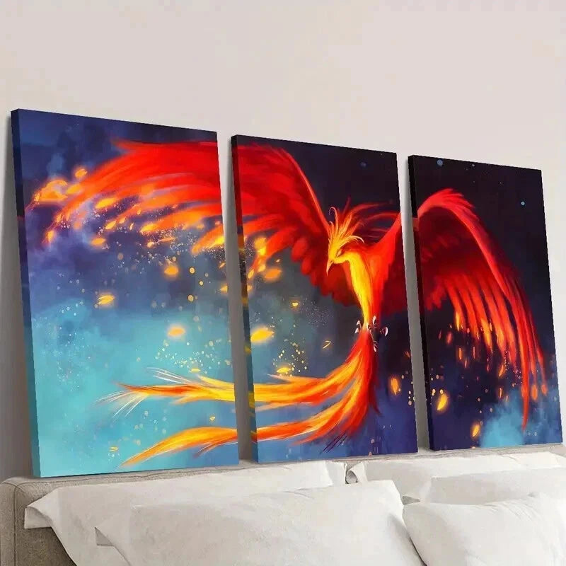 3pcs Mythical Red And Orange Phoenix Bird Wall Art Set Canvas Framed 40x60cm - High Quality Print 100% Australian Made Wall Canvas Ready to Hang