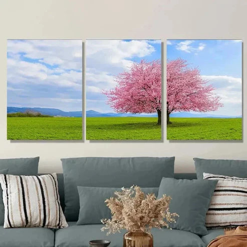 3pcs Cherry Blossom Tree Pink Green Wall Art Set Canvas Unframed - High Quality Print 100% Australian Made Wall Canvas