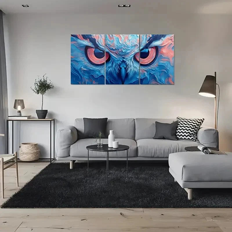 3pcs Abstract Owl Eyes Modern Blue & Pink Metal Print Ready to Hang Art