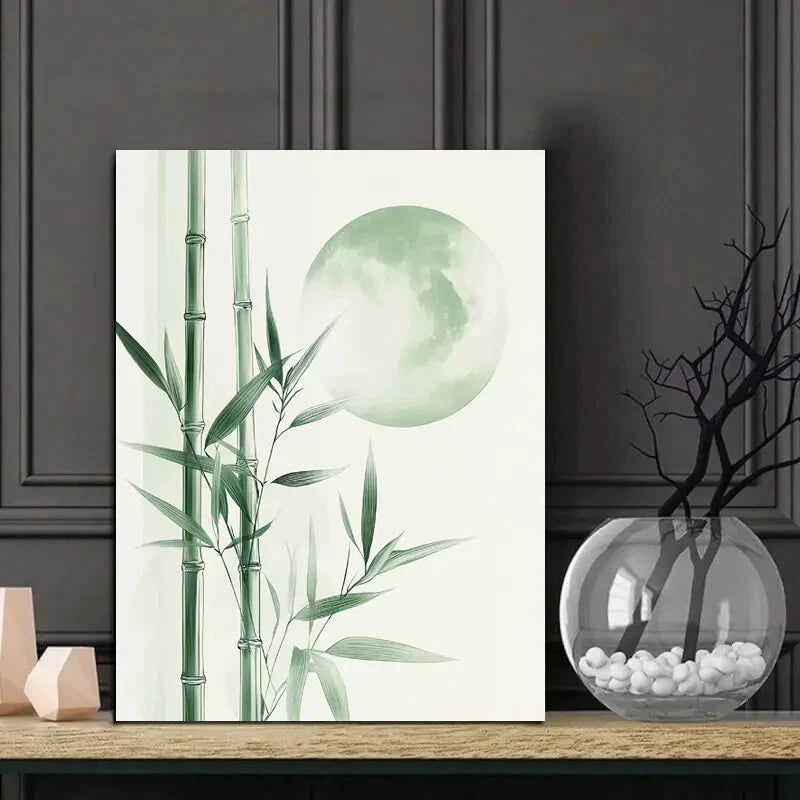 Minimalist Bamboo and Moon Green  40x60cm Metal Print Ready to Hang