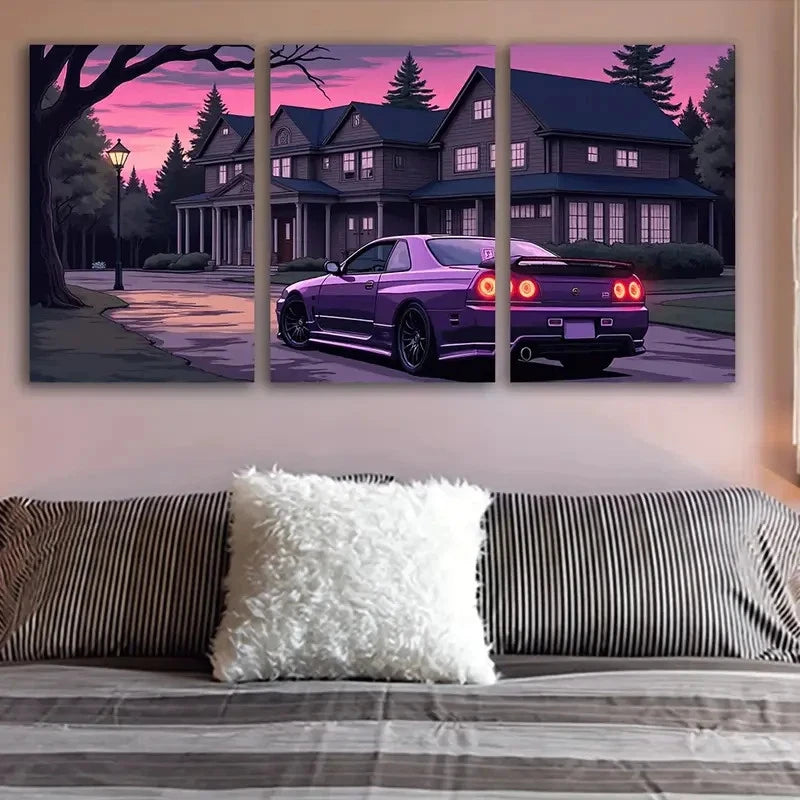 3pcs Purple Sports Car Wall Art Set Canvas Framed 50x70cm - High Quality Print 100% Australian Made Wall Canvas Ready to Hang