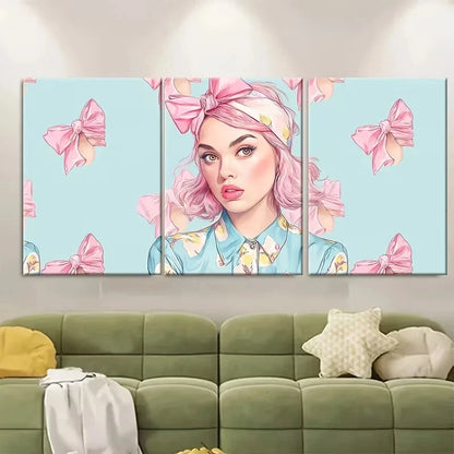 3pcs Girl with Pink Hair Bow Wall Art Set Canvas Framed 40x60cm – High Quality Print 100% Australian Made Wall Canvas Ready to Hang